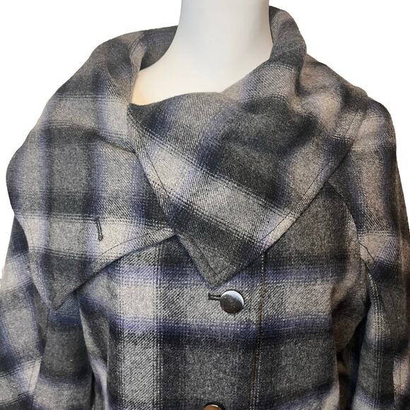 DKNY wool winter coat L plaid shawl collar classic warm jacket elegant trendy - Picture 3 of 8